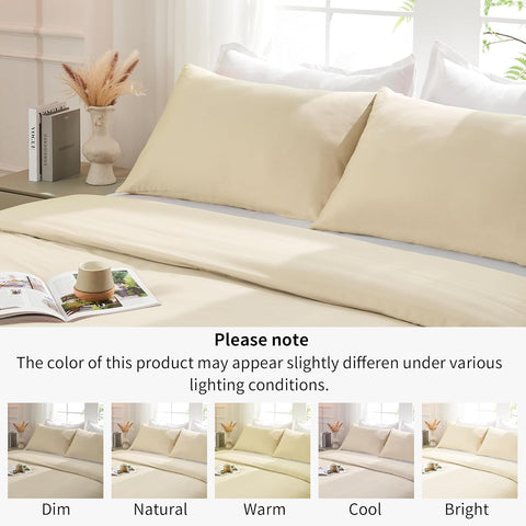 LINENOVA 100% Cotton Queen Quilt Cover Set Breathable Moisture Wicking All Season Hotel Inspired Duvet Cover with Pillowcase 3 Piece Cream