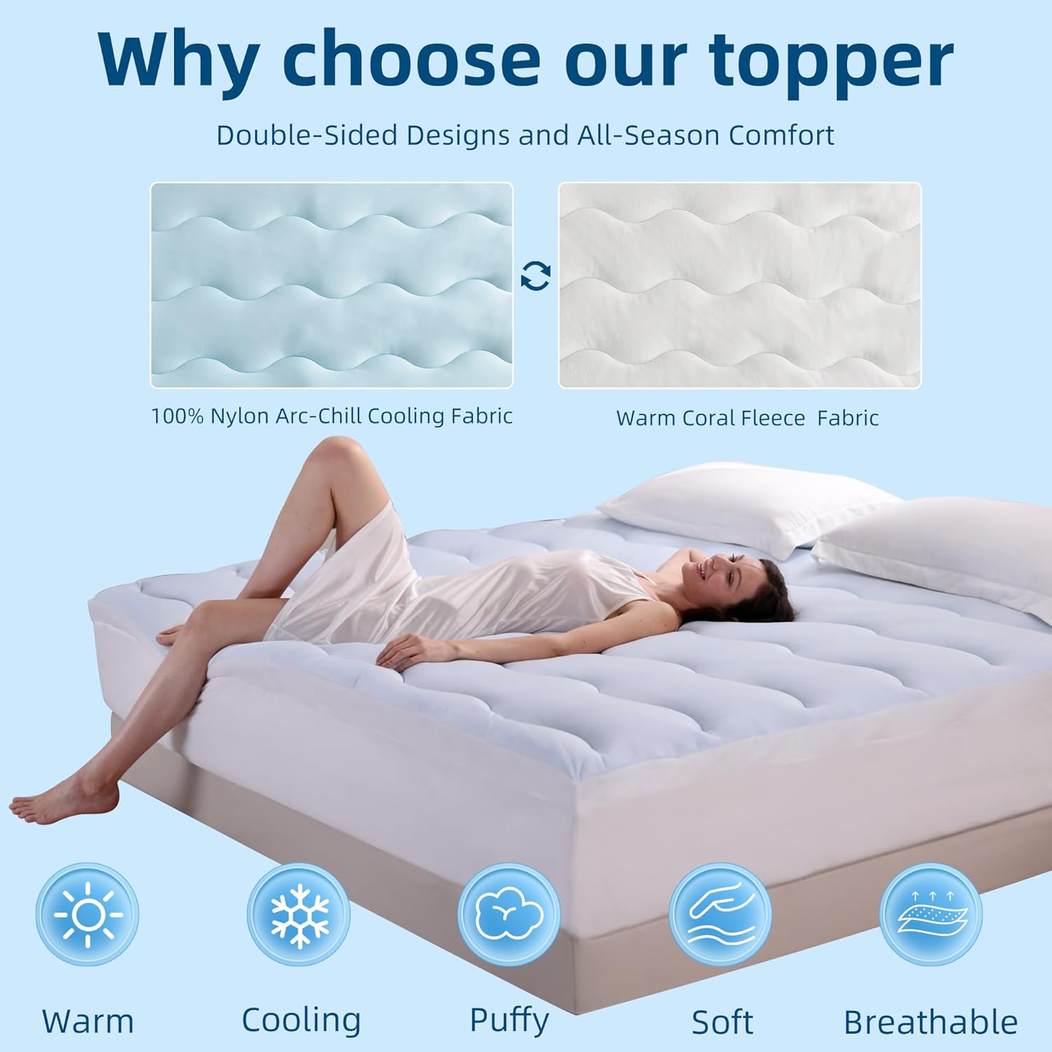 LINENOVA Warm Mattress Topper King – 5cm Thick, Coral Fleece Winter Side, Cooling Reverse, 1000GSM Fill, Soft, Breathable & Washable, 45cm Deep Pocket