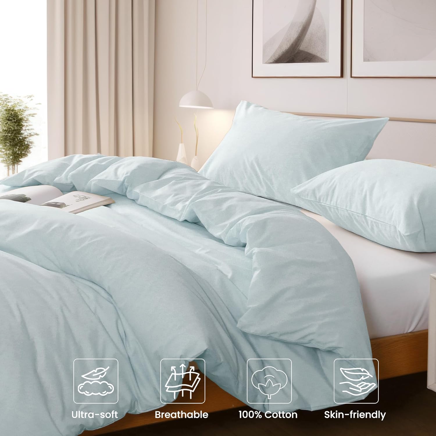 LINENOVA 100% Cotton Queen Quilt Cover Set Breathable Moisture Wicking All Season Hotel Inspired Duvet Cover with Pillowcase 3 Piece Light Blue
