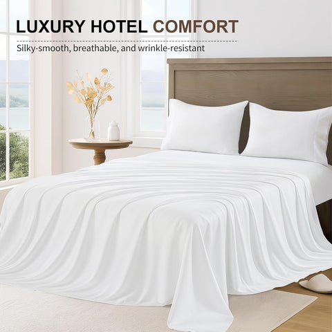 LINENOVA Hotel Quality King Single Bed Sheet Set – 3 Piece 2000TC Ultra Soft Durable Brushed Microfibre – 40cm Deep Pocket Fitted Sheet, Flat Sheet & 1 Pillowcase – Wrinkle-Free & Easy Care – White