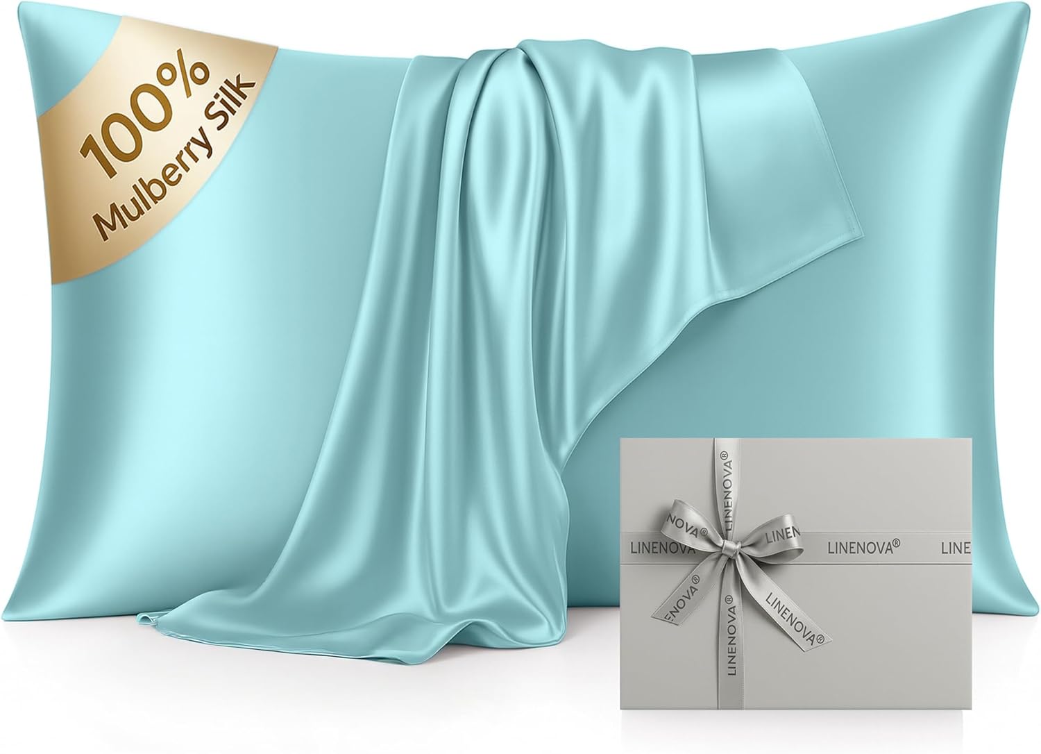 LINENCART 100% Mulberry Silk Pillowcases – Standard/Queen 50x75cm, 1 Piece – Ash Blue