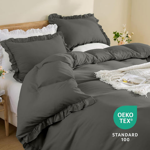 LINENOVA Ruffle Quilt Cover Set Single – Ultra Soft 2000TC Microfibre Duvet Doona Cover with Corner Ties & Button Closure – 2-Piece Bedding Set with Pillowcase - Dark Grey