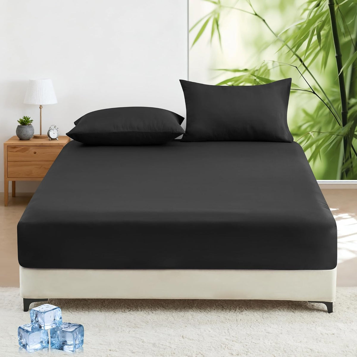 LINENOVA Bamboo Cooling Fitted Sheet Double (1 Piece)- 2000TC Ultra Soft & Breathable, Ideal for Hot Sleepers, 40cm Deep Pocket, All-Season Comfort - Black