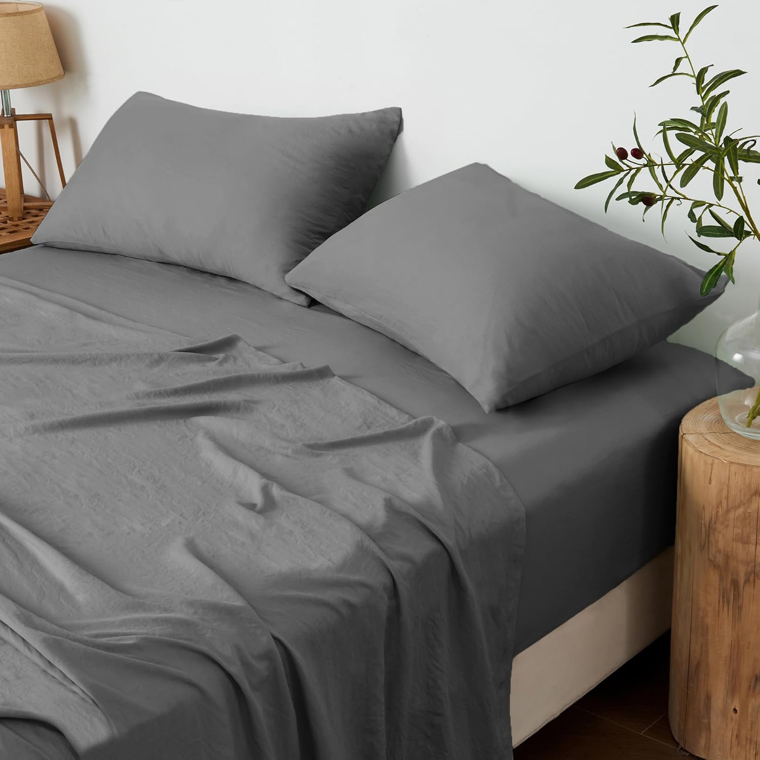 LINEKART Vintage Washed King Sheet Set - 4 Piece Premium 2000TC Ultra-Soft Microfiber Bed Sheets - Cotton-Like Texture - Breathable and Soft- Sheets & Pillowcases (King, White)