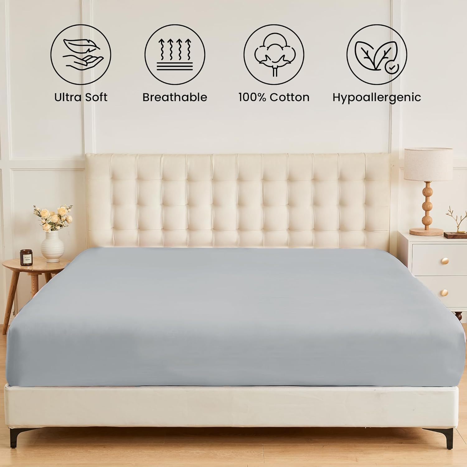 LINENOVA Premium 100% Cotton Fitted Sheet Only- Queen Size(1 Piece), Luxury Softness, Elasticized 40cm Deep Pockets Fitted Sheet - Silver