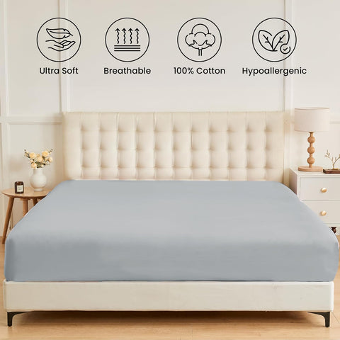 LINENOVA Premium 100% Cotton Fitted Sheet Only- Queen Size(1 Piece), Luxury Softness, Elasticized 40cm Deep Pockets Fitted Sheet - Silver