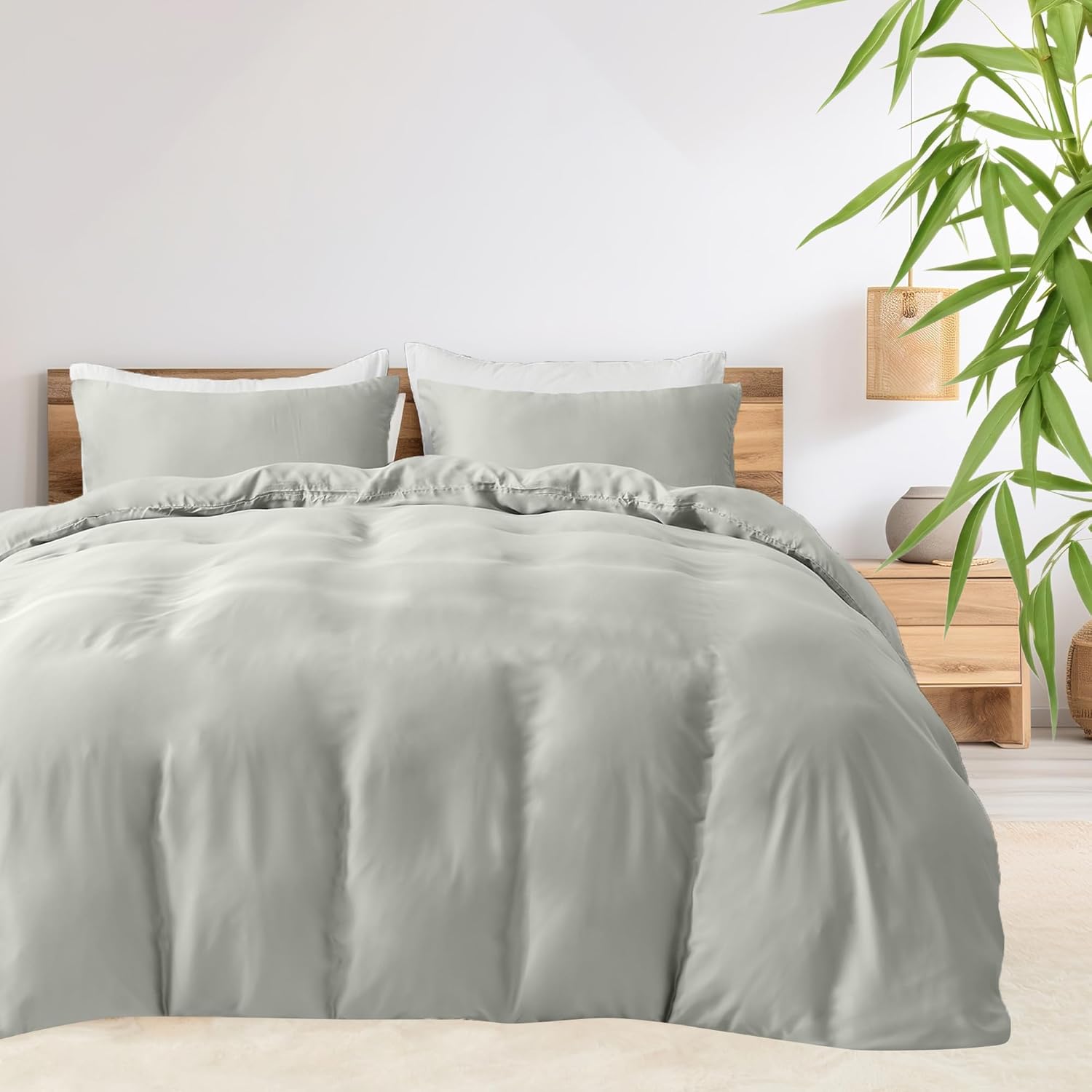 LINENCART 100% Bamboo Quilt Cover Set Queen Size - Cooling Breathable for Hot Sleepers- Silky Smooth 3pcs Doona Cover Set with Corner Ties & Button Closure - (Charcoal, Queen)