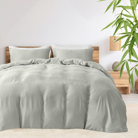 LINENCART 100% Bamboo Quilt Cover Set Queen Size - Cooling Breathable for Hot Sleepers- Silky Smooth 3pcs Doona Cover Set with Corner Ties & Button Closure - (Charcoal, Queen)
