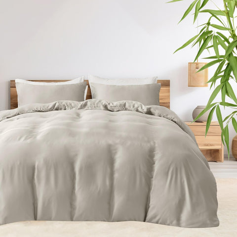 LINENCART 100% Bamboo Quilt Cover Set Queen Size - Cooling Breathable for Hot Sleepers- Silky Smooth 3pcs Doona Cover Set with Corner Ties & Button Closure - (Charcoal, Queen)