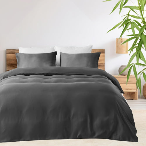 LINENCART 100% Bamboo Quilt Cover Set Queen Size - Cooling Breathable for Hot Sleepers- Silky Smooth 3pcs Doona Cover Set with Corner Ties & Button Closure - (Charcoal, Queen)