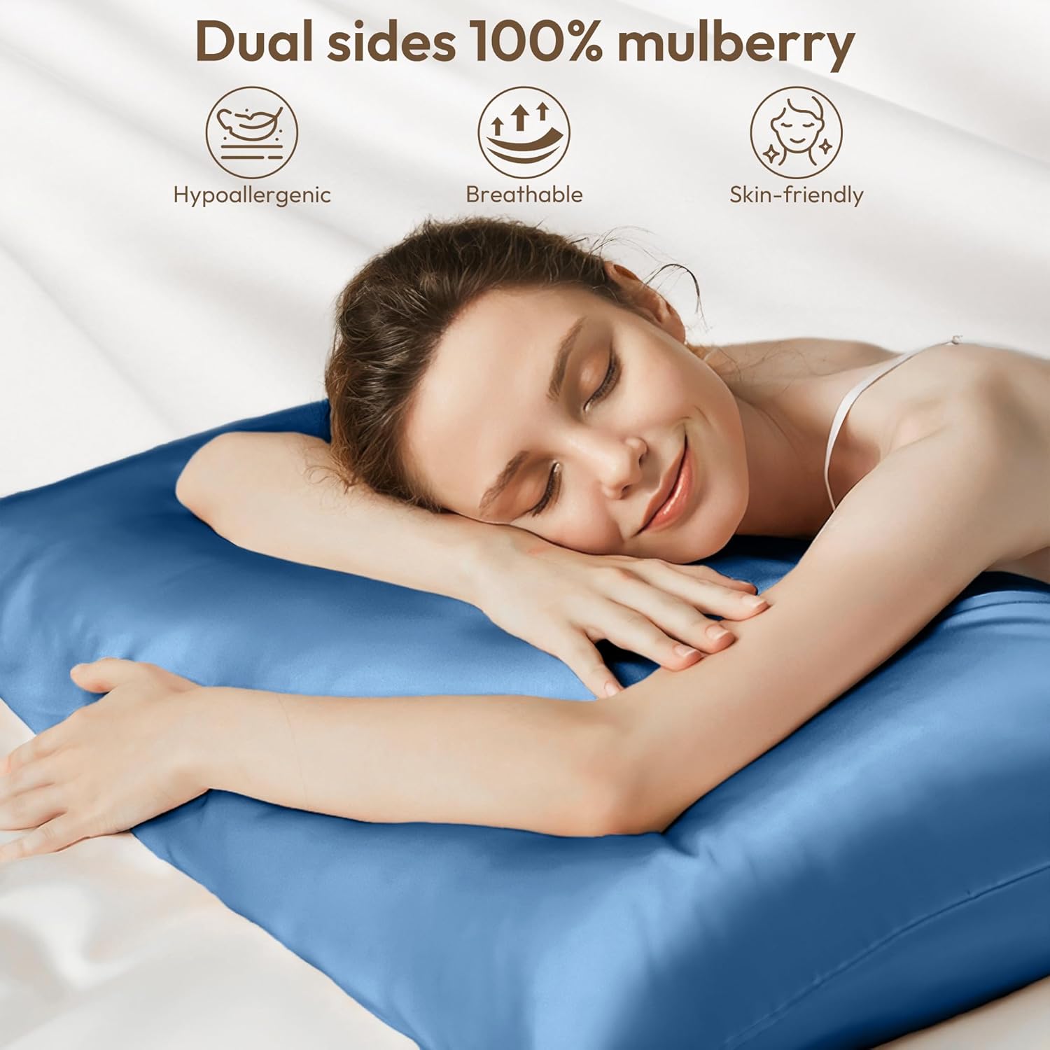 LINENCART 100% Mulberry Silk Pillowcases – Standard/Queen 50x75cm, 1 Piece – Ash Blue