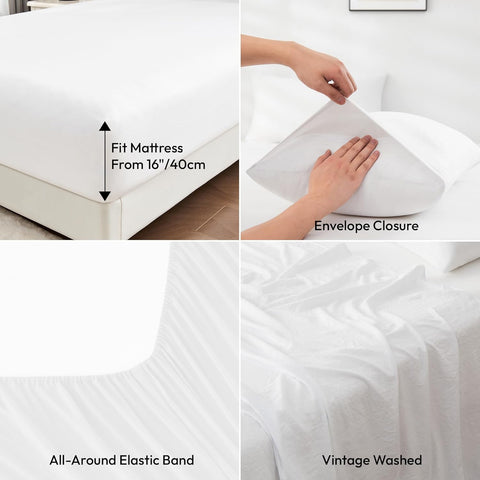 LINENOVA Vintage Washed King Sheet Set - 4 Piece Premium 2000TC Ultra-Soft Microfiber Bed Sheets - Cotton-Like Texture - Breathable and Soft- Sheets & Pillowcases (King, White)