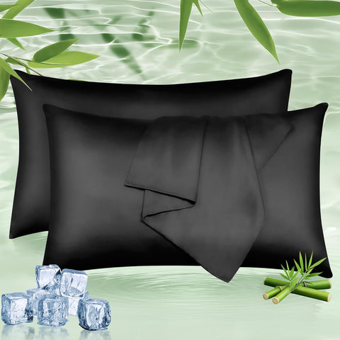 LINENOVA 100% Bamboo Pillowcase Queen Size Set of 2 - Breathable Cooling for Hot Sleepers and Night Sweats- Silky Soft Pillowcases with Envelope Closure - (Black 51x76cm)