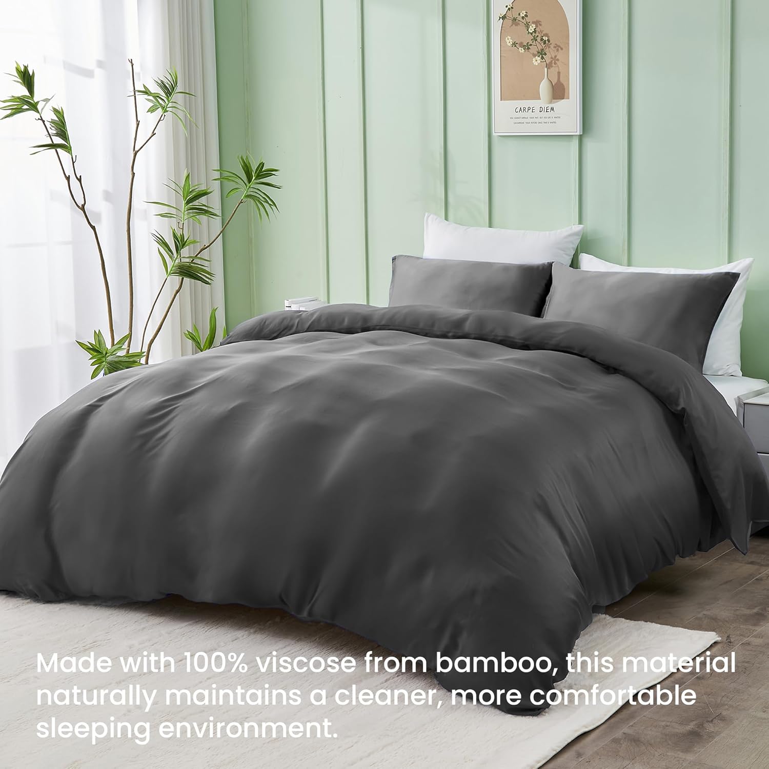 LINENOVA 100% Bamboo Quilt Cover Set Queen Size - Cooling Breathable for Hot Sleepers- Silky Smooth 3pcs Doona Cover Set with Corner Ties & Button Closure - (Charcoal, Queen)