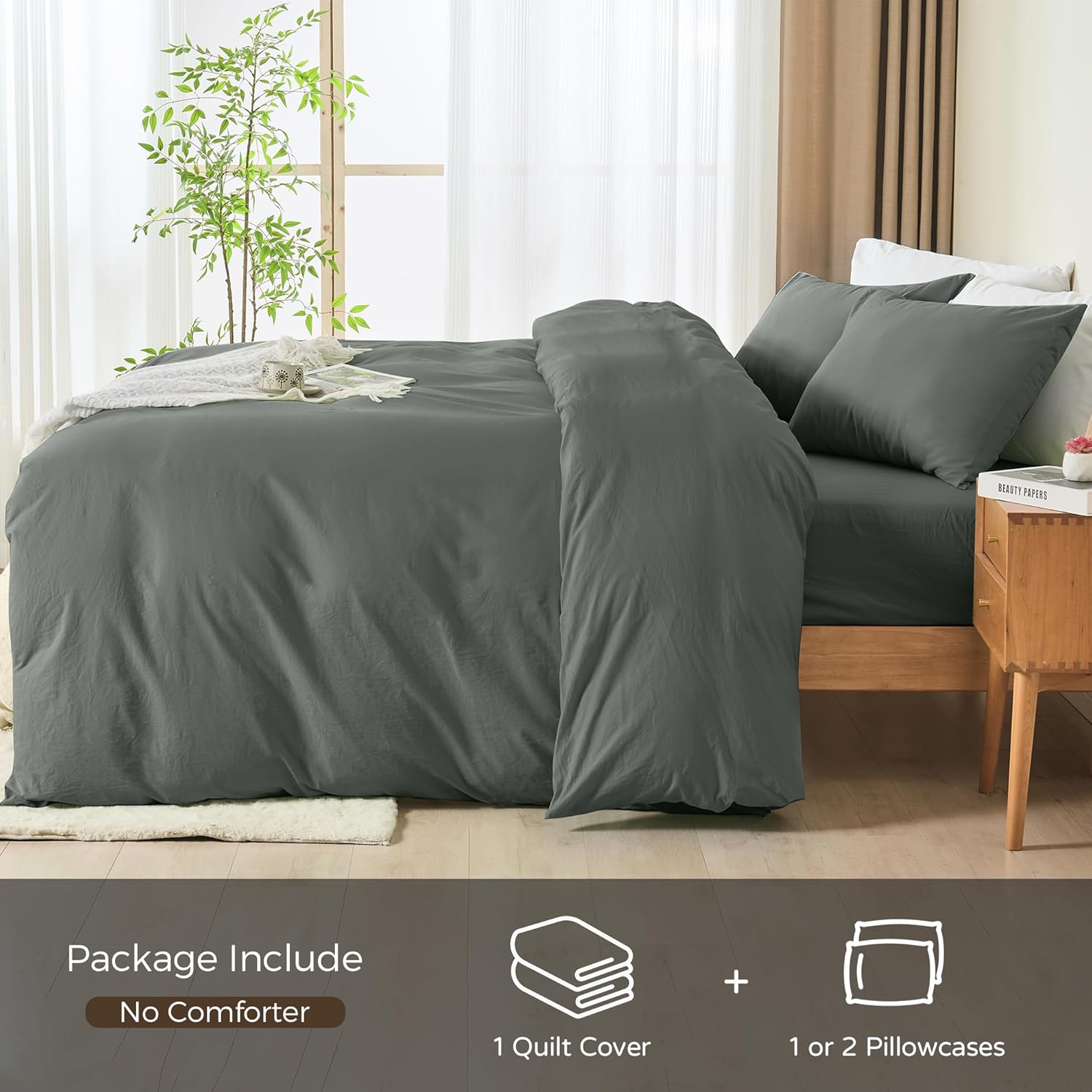 LINENOVA Vintage Stone Washed 100% Cotton Quilt Cover Set Queen Size, 3 Piece Doona Duvet Cover with Pillowcases, Naturally Soft & Breathable All Season Bedding - Charcoal