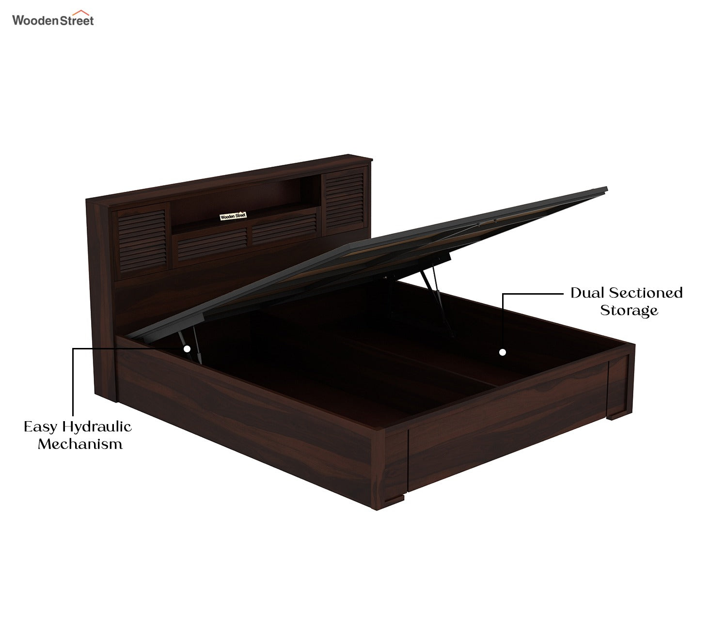 Ferguson Sheesham Wood Hydraulic Bed With Storage (Queen Size, Walnut Finish)