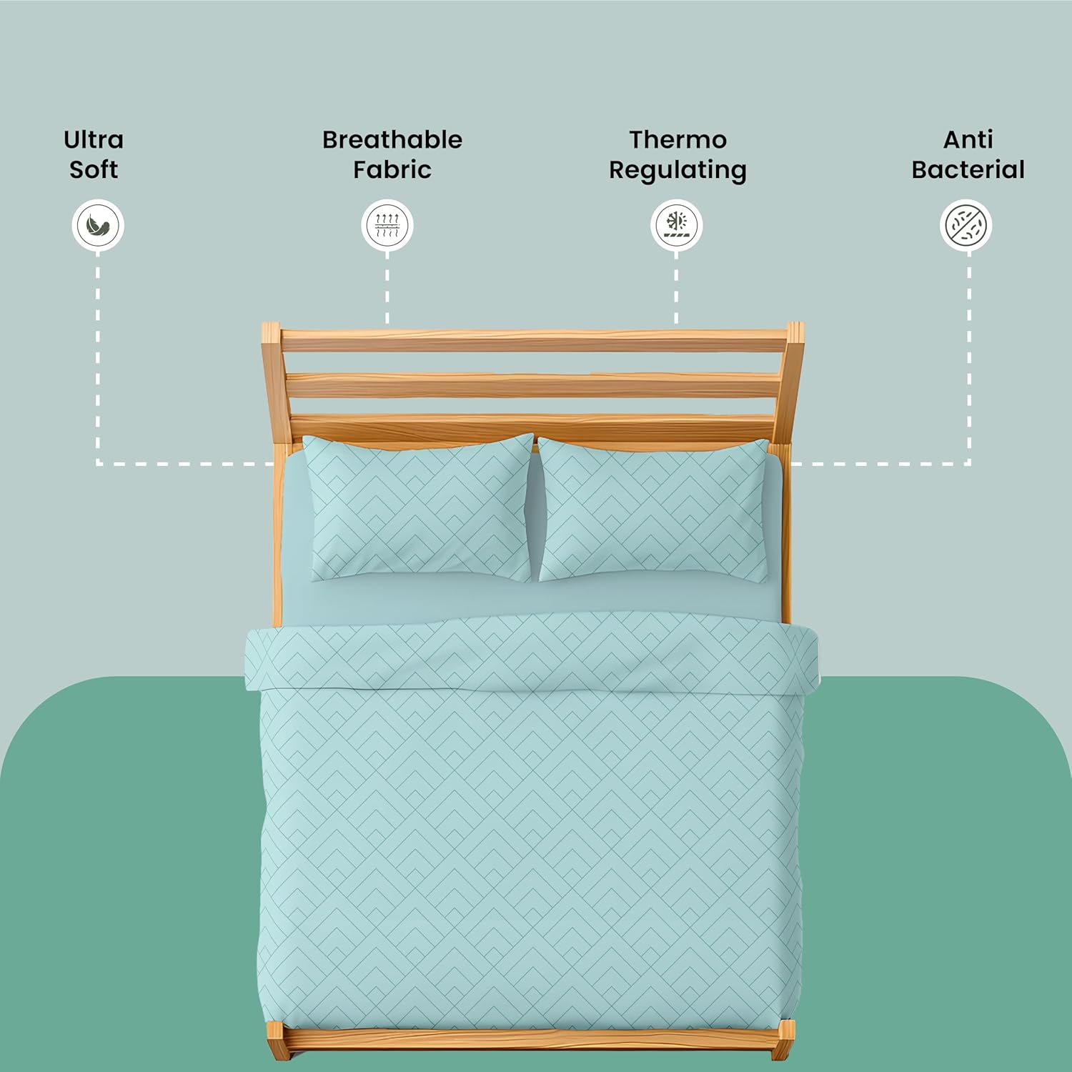 LINENCART Bamboo King Size Bedsheet with 2 Pillow Covers | 100x106 in | 300 TC Floral Printed Bedsheet for Double Bed King Size | Ultra Soft & Anti-Microbial King Size Bed Sheet | Pack of 1, Aqua Blue
