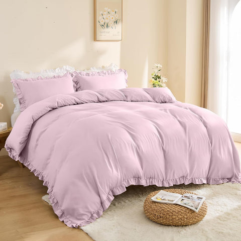 LINENCART Ruffle Quilt Cover Set Queen – Ultra Soft 2000TC Microfibre Duvet Doona Cover with Corner Ties & Button Closure – 3-Piece Bedding Set with 2 Pillowcases - Warm Sand