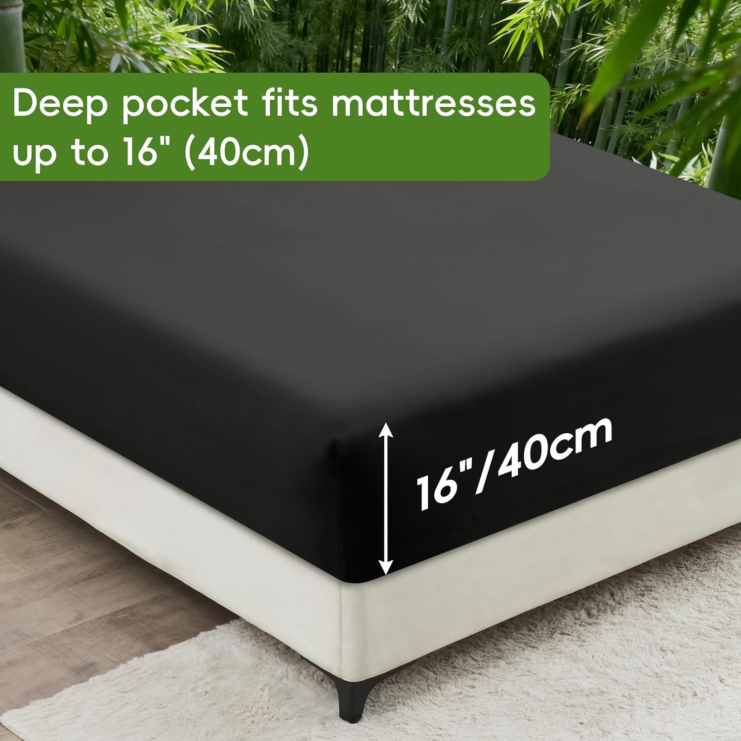 LINENOVA Bamboo Cooling Fitted Sheet Double (1 Piece)- 2000TC Ultra Soft & Breathable, Ideal for Hot Sleepers, 40cm Deep Pocket, All-Season Comfort - Black
