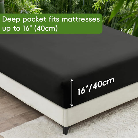 LINENOVA Bamboo Cooling Fitted Sheet Double (1 Piece)- 2000TC Ultra Soft & Breathable, Ideal for Hot Sleepers, 40cm Deep Pocket, All-Season Comfort - Black