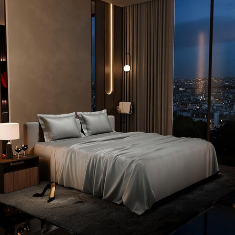 Stoa Paris Satin Bedsheet King Size with 2 Pillow Covers, 300TC Premium Bedsheets King Size, Home Decor, Ultimate Comfort, 274 cm x 228 cm, Date Night - Harbour Mist Grey