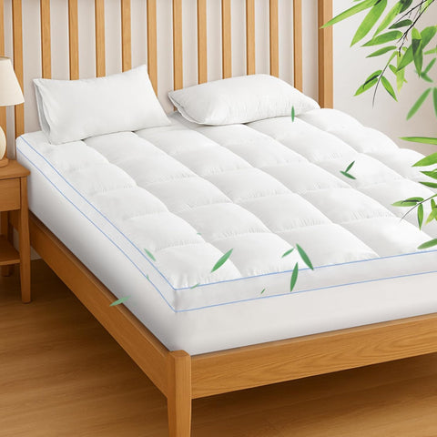LINENOVA 1500GSM Bamboo Mattress Topper King Single, 10cm Ultra Thick Pillowtop Underlay, Naturally Cooling & Breathable for Hot Sleepers, Antibacterial Hotel-Quality Comfort
