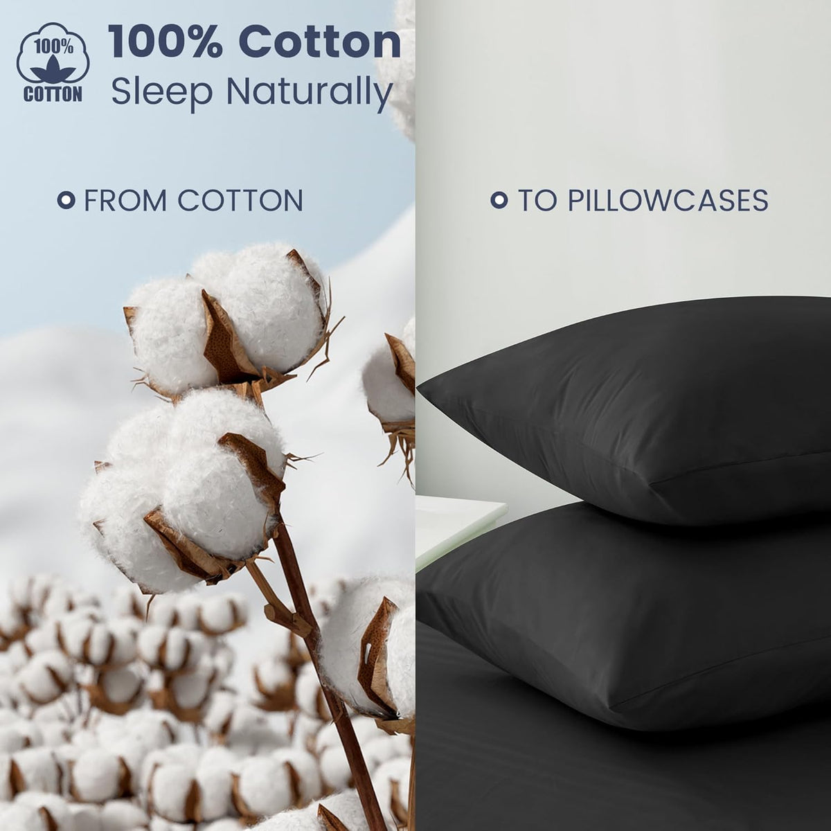LINENOVA 100% Luxury Cotton Standard Pillowcases(Set of 2),Super Soft and Breathable Envelope Closure Pillow Cases - 48x74cm -Black