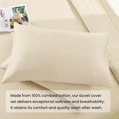 LINENOVA 100% Cotton Queen Quilt Cover Set Breathable Moisture Wicking All Season Hotel Inspired Duvet Cover with Pillowcase 3 Piece Cream