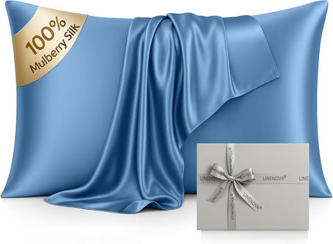 LINENCART 100% Mulberry Silk Pillowcases – Standard/Queen 50x75cm, 1 Piece – Ash Blue