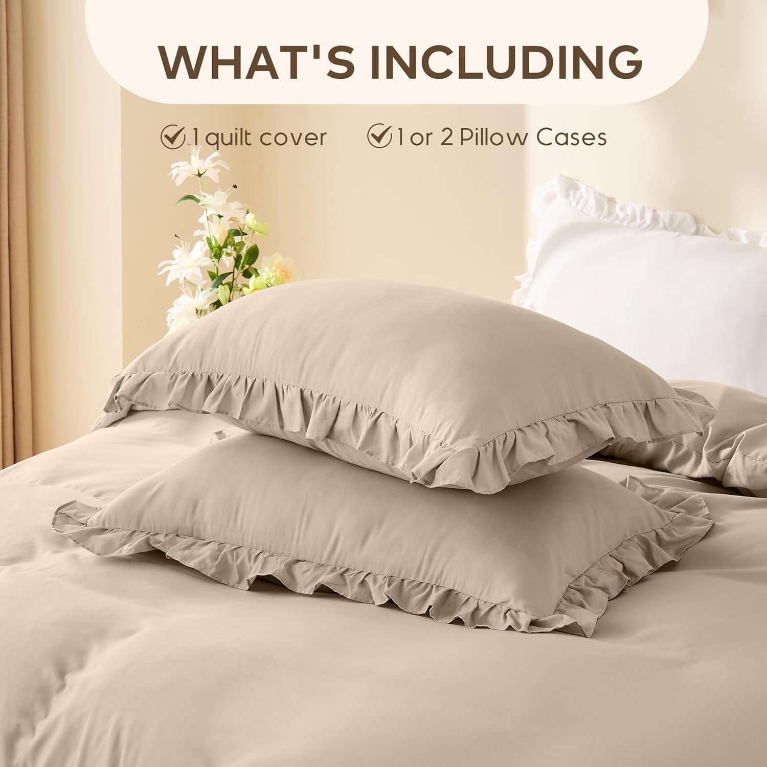LINENOVA Ruffle Quilt Cover Set Queen – Ultra Soft 2000TC Microfibre Duvet Doona Cover with Corner Ties & Button Closure – 3-Piece Bedding Set with 2 Pillowcases - Warm Sand