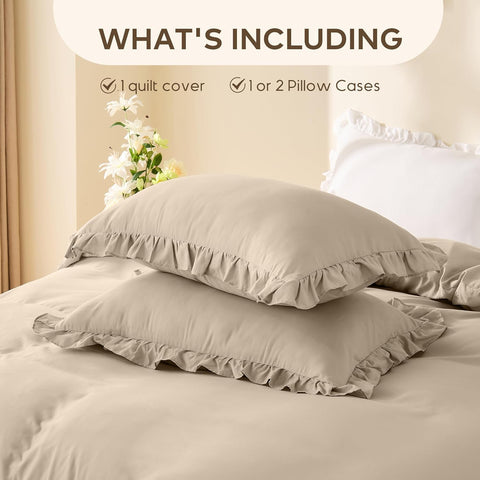 LINENOVA Ruffle Quilt Cover Set Queen – Ultra Soft 2000TC Microfibre Duvet Doona Cover with Corner Ties & Button Closure – 3-Piece Bedding Set with 2 Pillowcases - Warm Sand