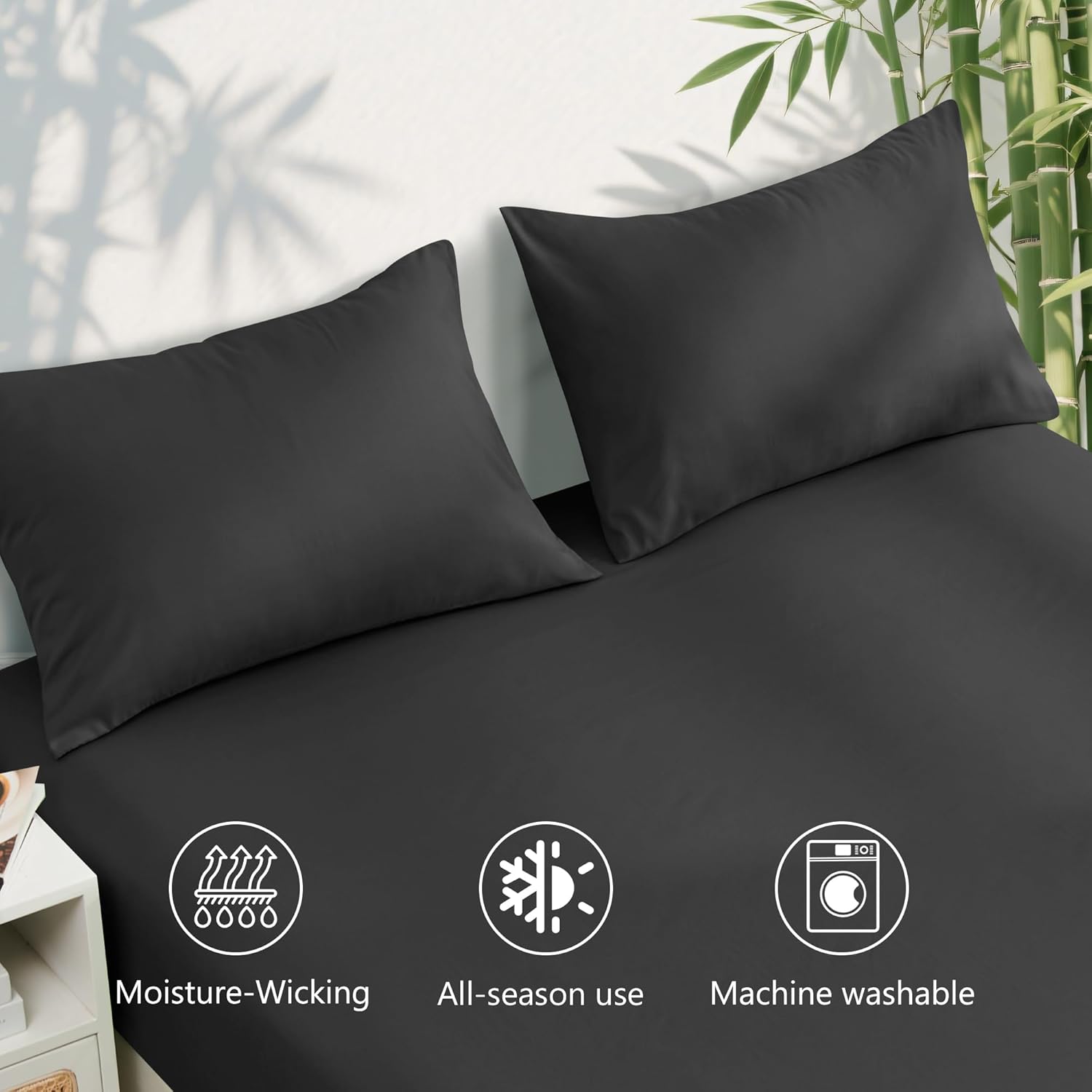 LINENOVA Bamboo Cooling Fitted Sheet Double (1 Piece)- 2000TC Ultra Soft & Breathable, Ideal for Hot Sleepers, 40cm Deep Pocket, All-Season Comfort - Black