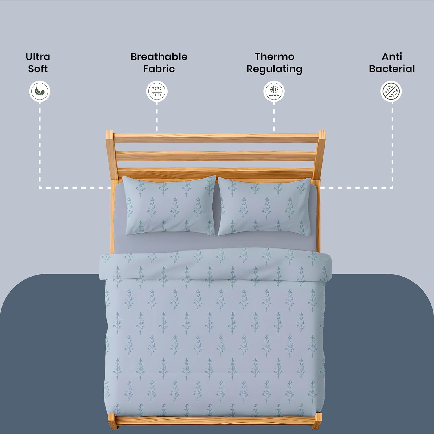 LINENCART Bamboo King Size Bedsheet with 2 Pillow Covers | 100x106 in | 300 TC Floral Printed Bedsheet for Double Bed King Size | Ultra Soft & Anti-Microbial King Size Bed Sheet | Pack of 1, Aqua Blue