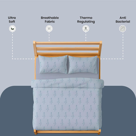 LINENCART Bamboo King Size Bedsheet with 2 Pillow Covers | 100x106 in | 300 TC Floral Printed Bedsheet for Double Bed King Size | Ultra Soft & Anti-Microbial King Size Bed Sheet | Pack of 1, Aqua Blue