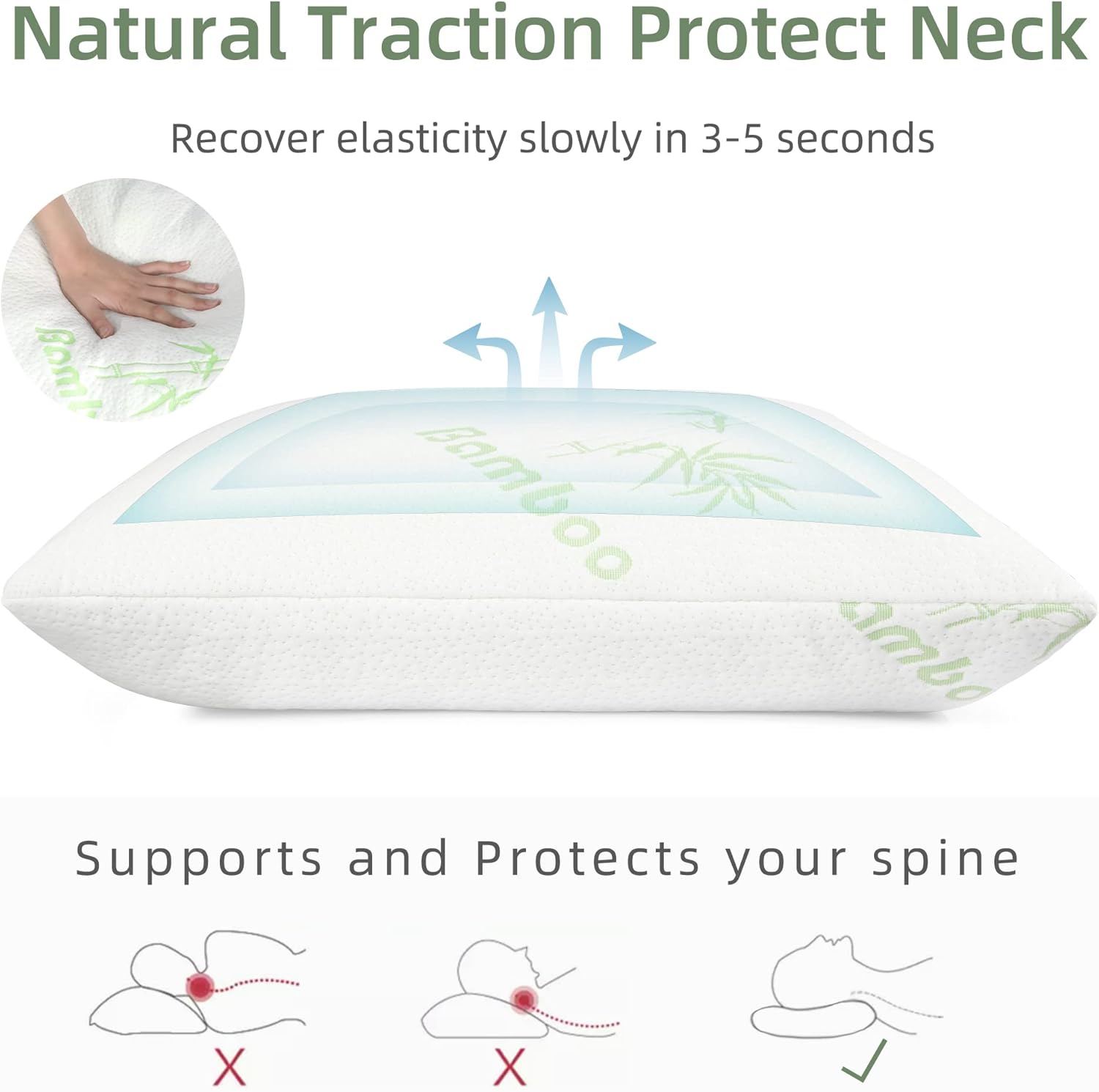 LINENOVA Bamboo Shredded Memory Foam Pillow Standard Size 2 Pack for Back/Stomach/Side Sleeper - Ultra Soft, Cool & Breathable Bamboo Hypoallergenic Bed Pillow Cover with Zipper Closure 48x74cm