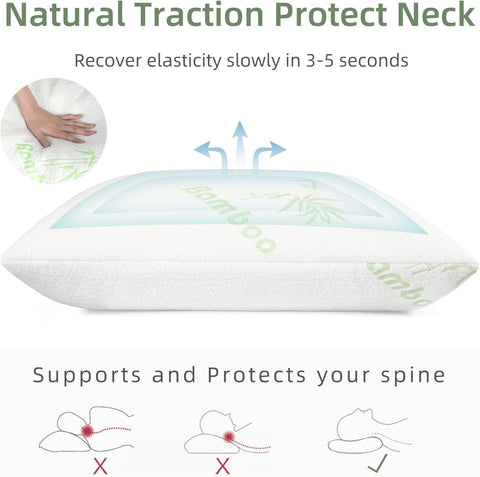 LINENOVA Bamboo Shredded Memory Foam Pillow Standard Size 2 Pack for Back/Stomach/Side Sleeper - Ultra Soft, Cool & Breathable Bamboo Hypoallergenic Bed Pillow Cover with Zipper Closure 48x74cm