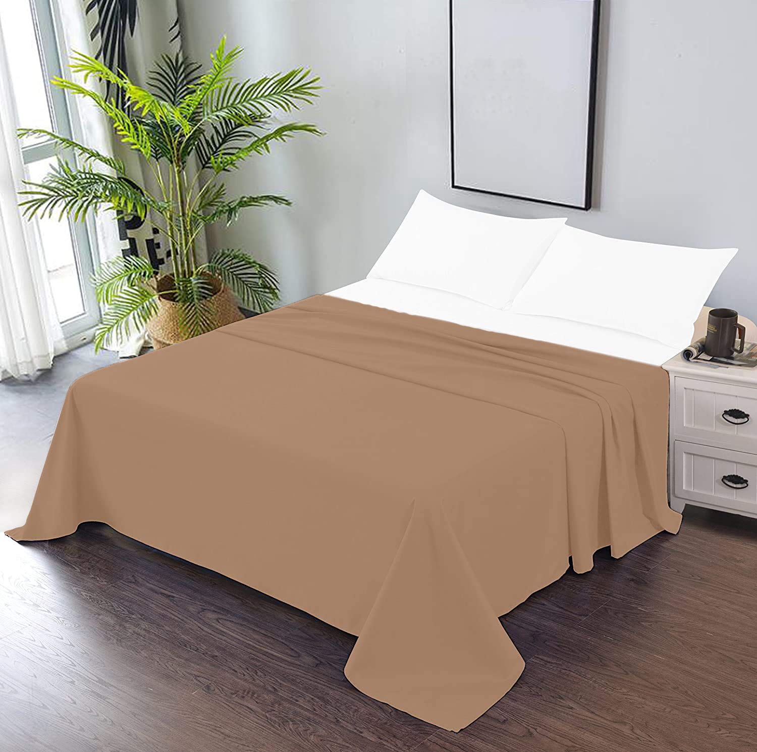 600 Thread Count Cotton 1PC Flat Sheets 100% Long Staple Pure Cotton, Smooth Sateen Finish Flat Sheet/Top Sheet with 4 Inch Hem Solid Pattern (Taupe, Single)