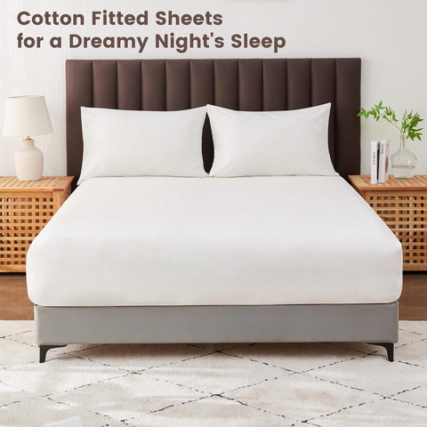 LINENOVA Luxury Cotton Blend Fitted Sheet Only- Soft & Breathable Single Size Fitted Sheet with 40cm Deep Pocket - Shrinkage & Fade Resistant - White(1 Piece)