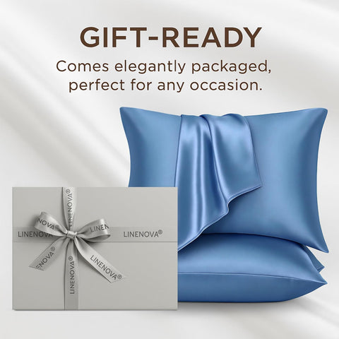 LINENCART 100% Mulberry Silk Pillowcases – Standard/Queen 50x75cm, 1 Piece – Ash Blue