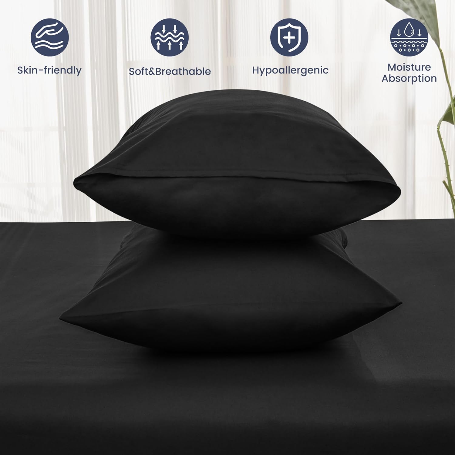 LINENOVA 100% Luxury Cotton Standard Pillowcases(Set of 2),Super Soft and Breathable Envelope Closure Pillow Cases - 48x74cm -Black