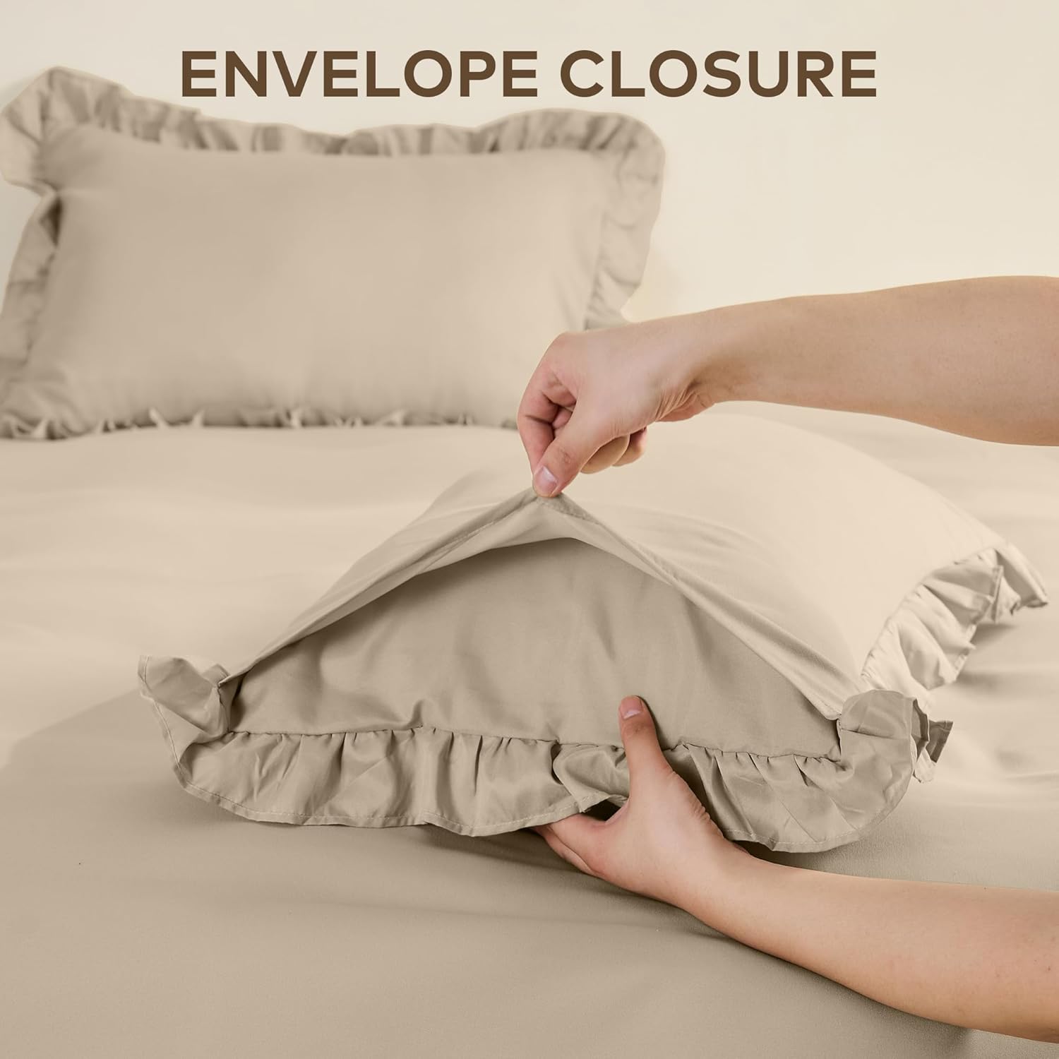 LINENOVA Ruffle Quilt Cover Set Queen – Ultra Soft 2000TC Microfibre Duvet Doona Cover with Corner Ties & Button Closure – 3-Piece Bedding Set with 2 Pillowcases - Warm Sand