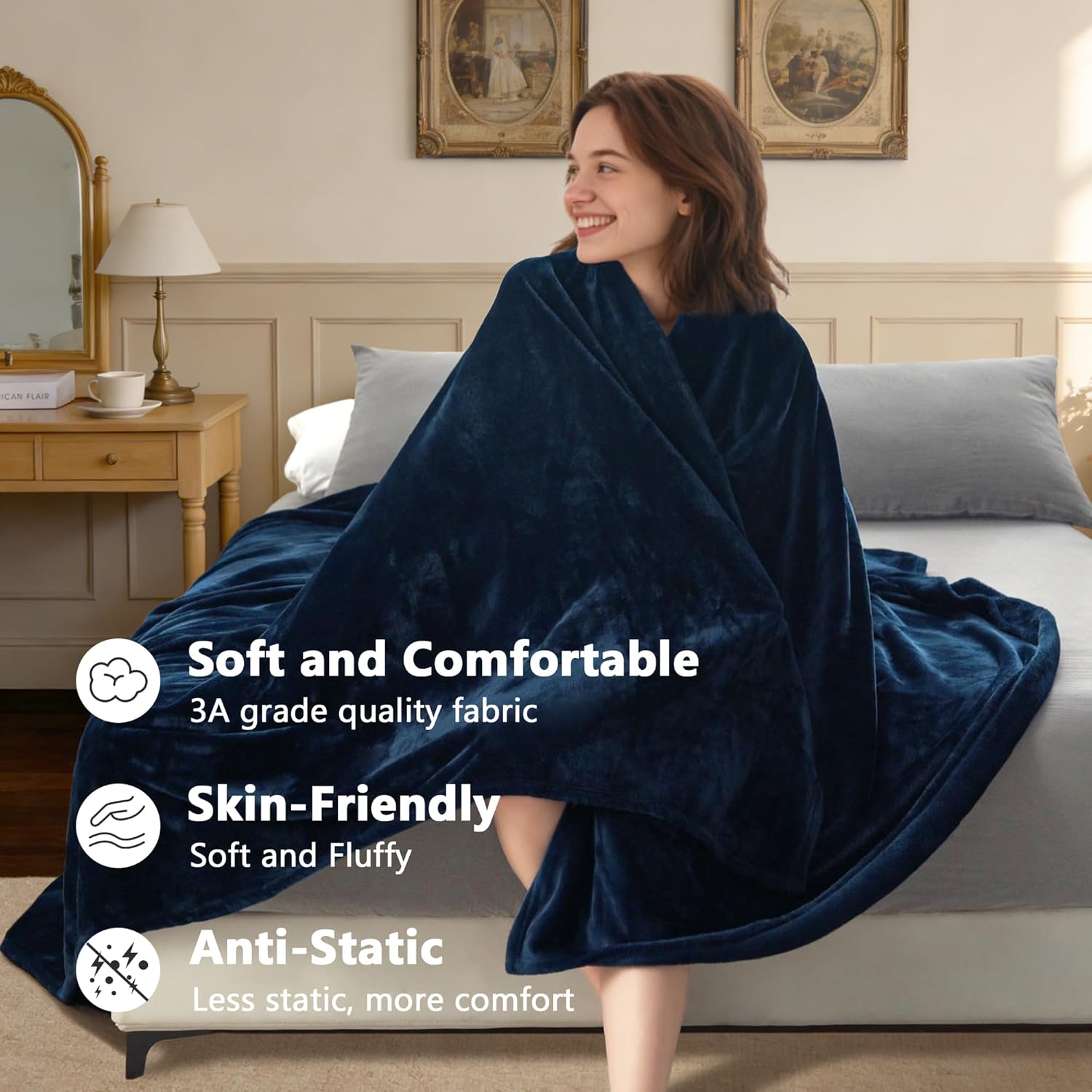 LINENOVA Fleece Blanket 152x203cm Navy, 300GSM Super Soft and Warm Flannel Throw for Bed, Sofa, Couch or Travel