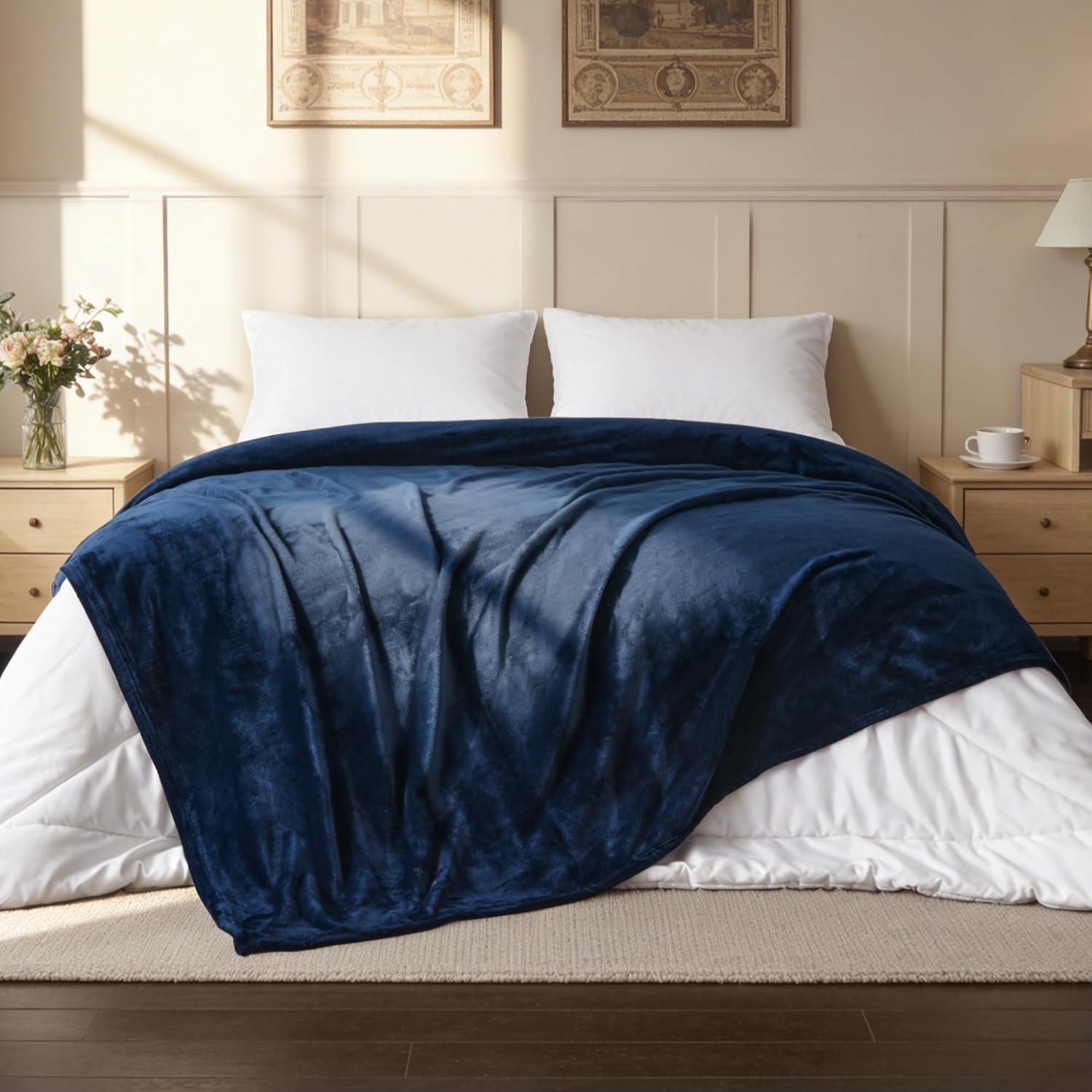 LINENOVA Fleece Blanket 152x203cm Navy, 300GSM Super Soft and Warm Flannel Throw for Bed, Sofa, Couch or Travel