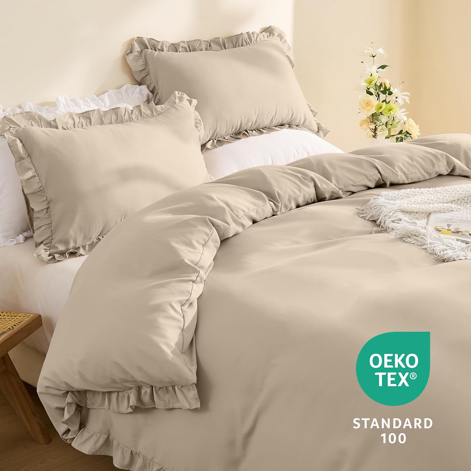 LINENOVA Ruffle Quilt Cover Set Queen – Ultra Soft 2000TC Microfibre Duvet Doona Cover with Corner Ties & Button Closure – 3-Piece Bedding Set with 2 Pillowcases - Warm Sand