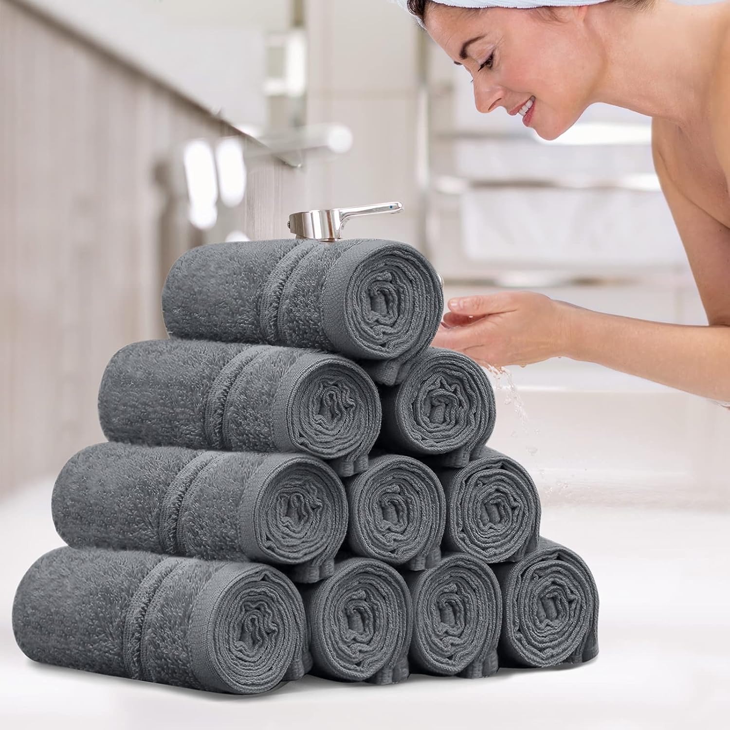 LINENOVA 100% Cotton Face Washer Towel (10 Pack) - Ultra-Soft, 500GSM Highly Absorbent Quick Dry - Great Value Ribbon Gift Pack - Perfect for Hotel, Gym, Spa, Kitchen - 30x30cm - Charcoal
