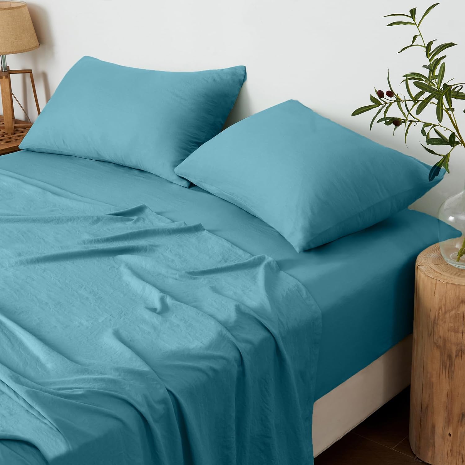 LINEKART Vintage Washed King Sheet Set - 4 Piece Premium 2000TC Ultra-Soft Microfiber Bed Sheets - Cotton-Like Texture - Breathable and Soft- Sheets & Pillowcases (King, White)