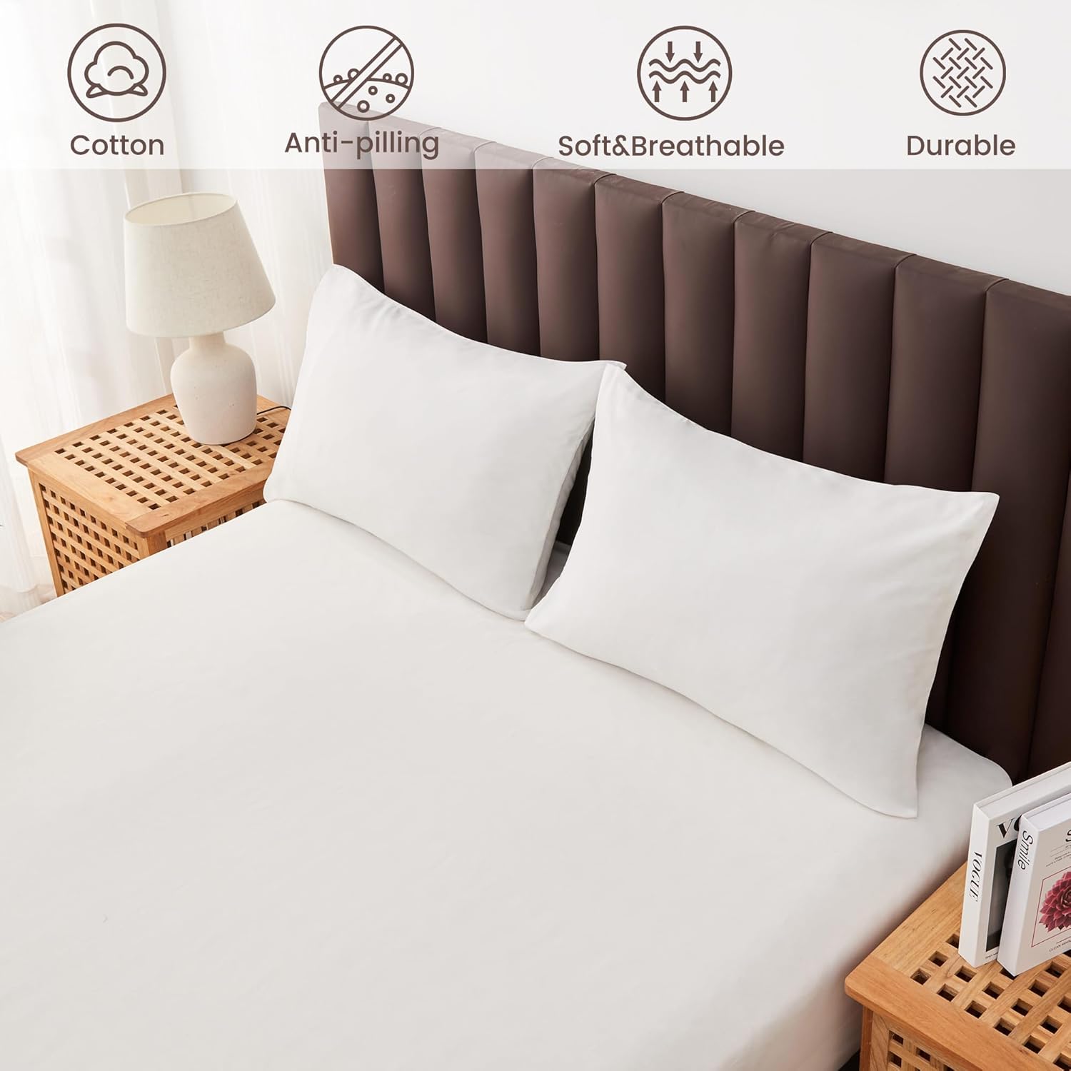 LINENOVA Luxury Cotton Blend Fitted Sheet Only- Soft & Breathable Single Size Fitted Sheet with 40cm Deep Pocket - Shrinkage & Fade Resistant - White(1 Piece)