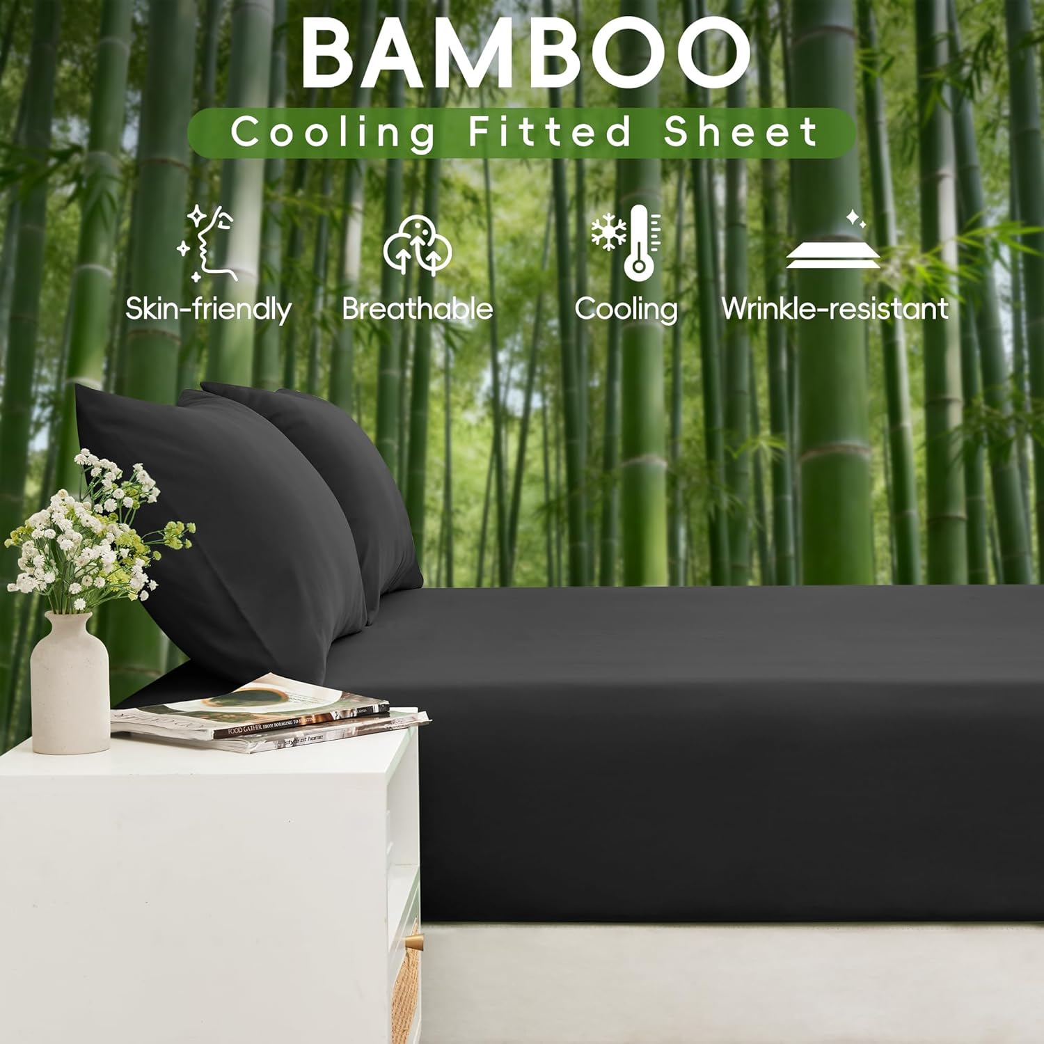 LINENOVA Bamboo Cooling Fitted Sheet Double (1 Piece)- 2000TC Ultra Soft & Breathable, Ideal for Hot Sleepers, 40cm Deep Pocket, All-Season Comfort - Black