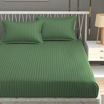 Homefab India 160 TC Stripe Glace Cotton Double BedSheet with 2 Pillow Covers - (90x90 inches) - Dark Green