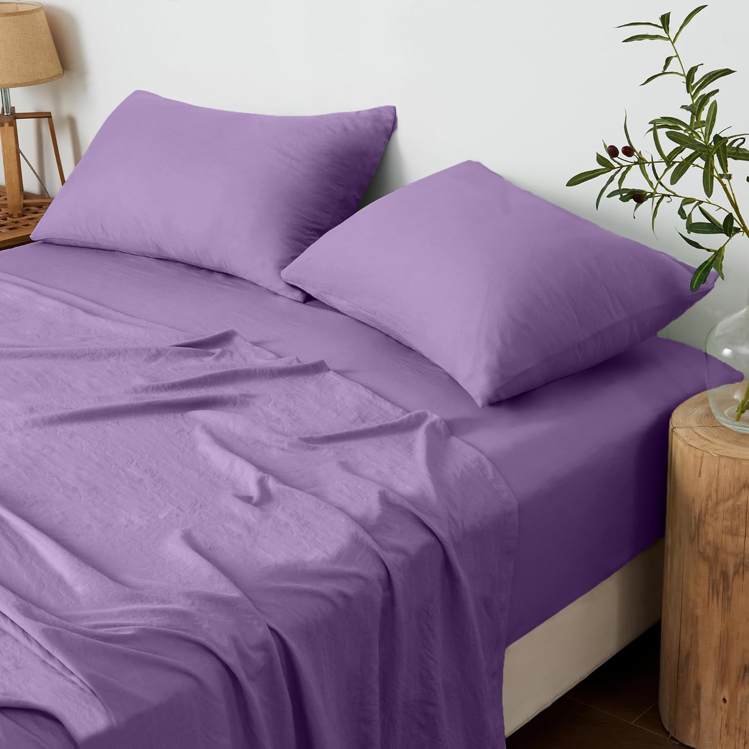 LINEKART Vintage Washed King Sheet Set - 4 Piece Premium 2000TC Ultra-Soft Microfiber Bed Sheets - Cotton-Like Texture - Breathable and Soft- Sheets & Pillowcases (King, White)